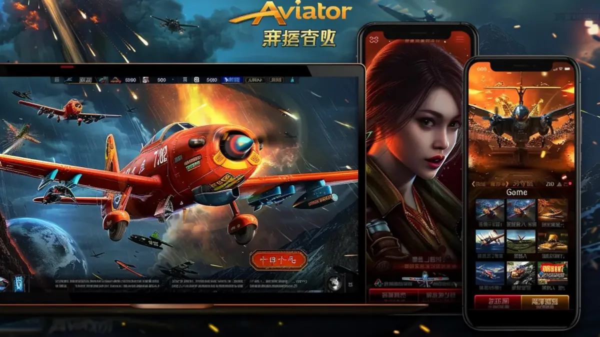 The Aviator crash game displayed on a laptop and two smartphones, featuring a large red propeller plane against a sky filled with aerial combat.