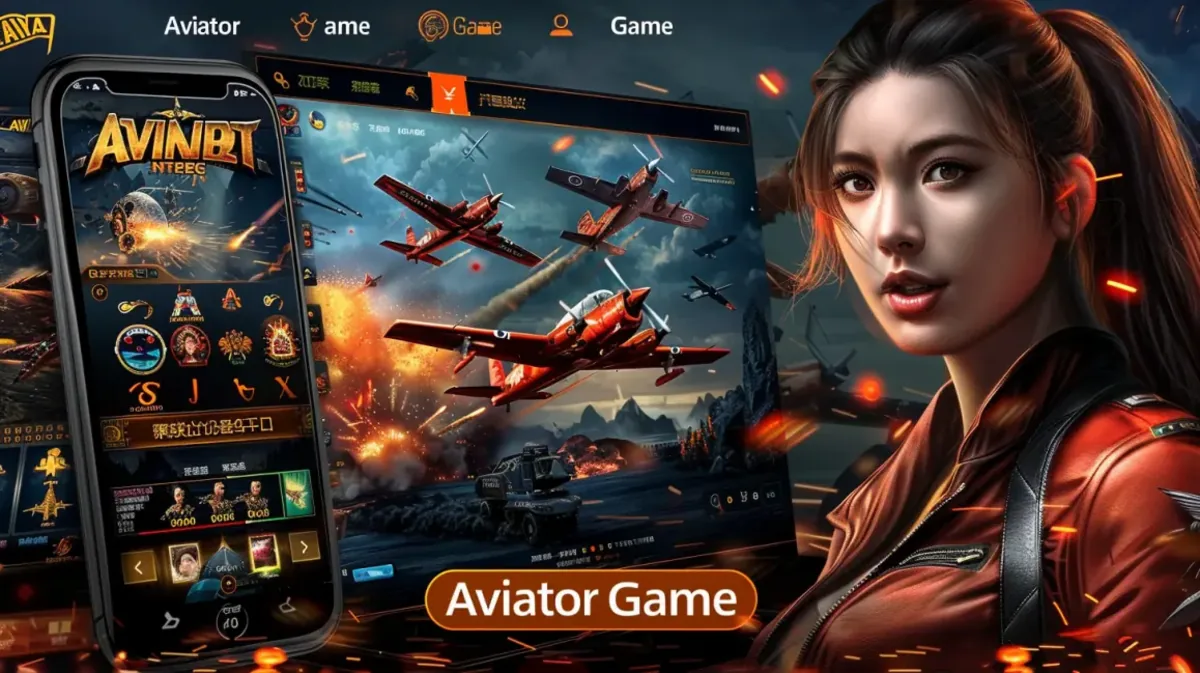 A female pilot in a leather jacket looks on as a smartphone displays the Aviator game, with red propeller planes flying in the background.