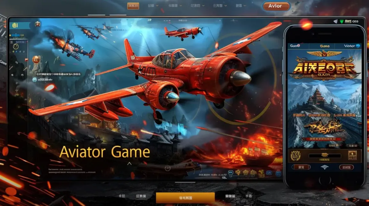 A detailed view of the Aviator game on a desktop screen, showing a classic red airplane in flight over a dramatic landscape with a mobile version next to it.