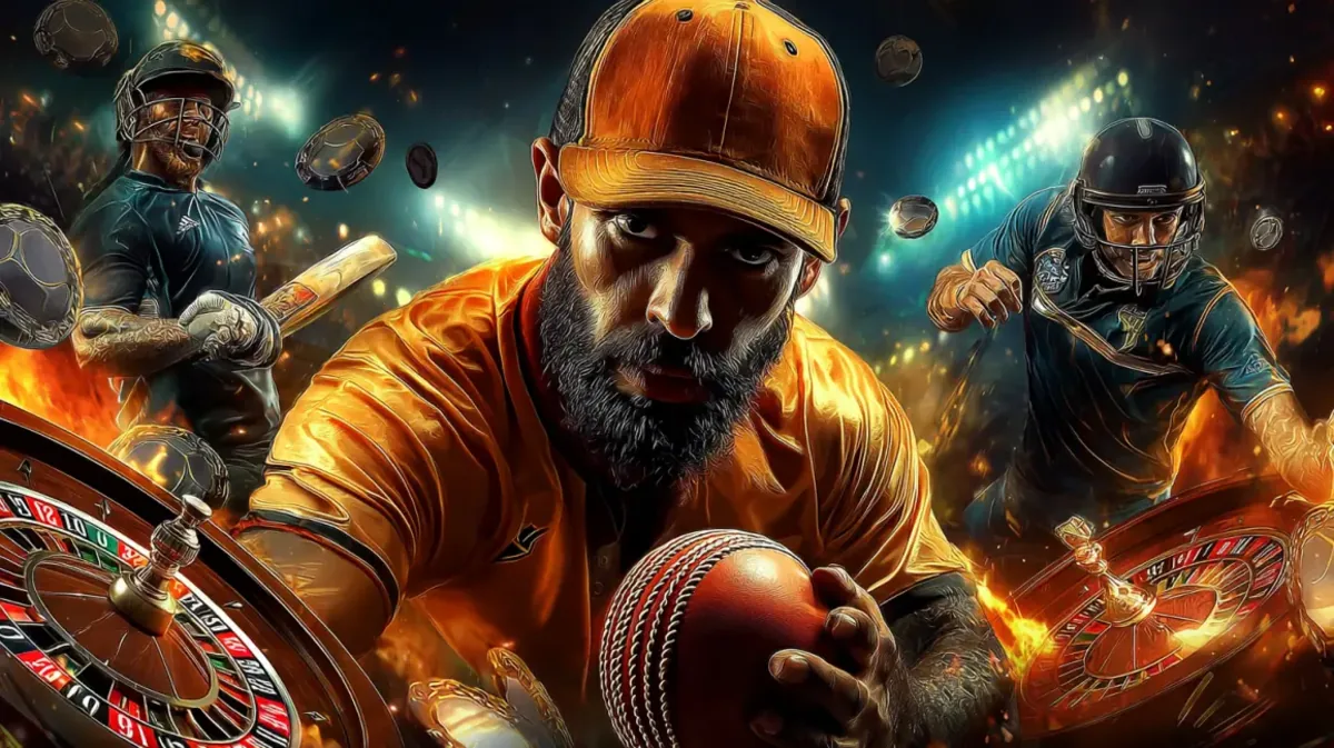 A focused cricket player in an orange uniform about to bowl a ball, surrounded by roulette wheels and a fiery stadium atmosphere.