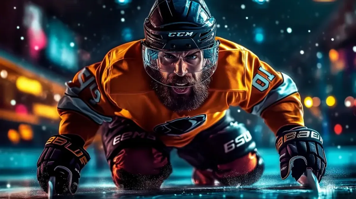 An intense ice hockey player with a thick beard, wearing a helmet and an orange jersey, leaning forward on the ice and ready to play.