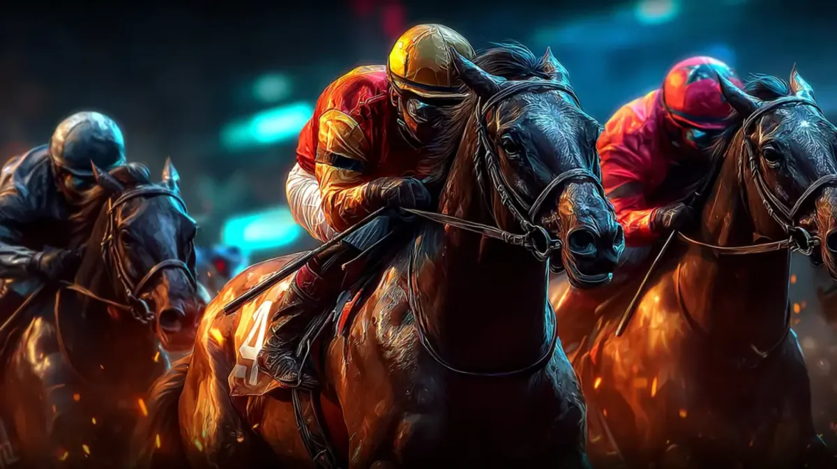 Three jockeys in colorful gear racing their horses at high speed on a track with a dynamic and energetic background.