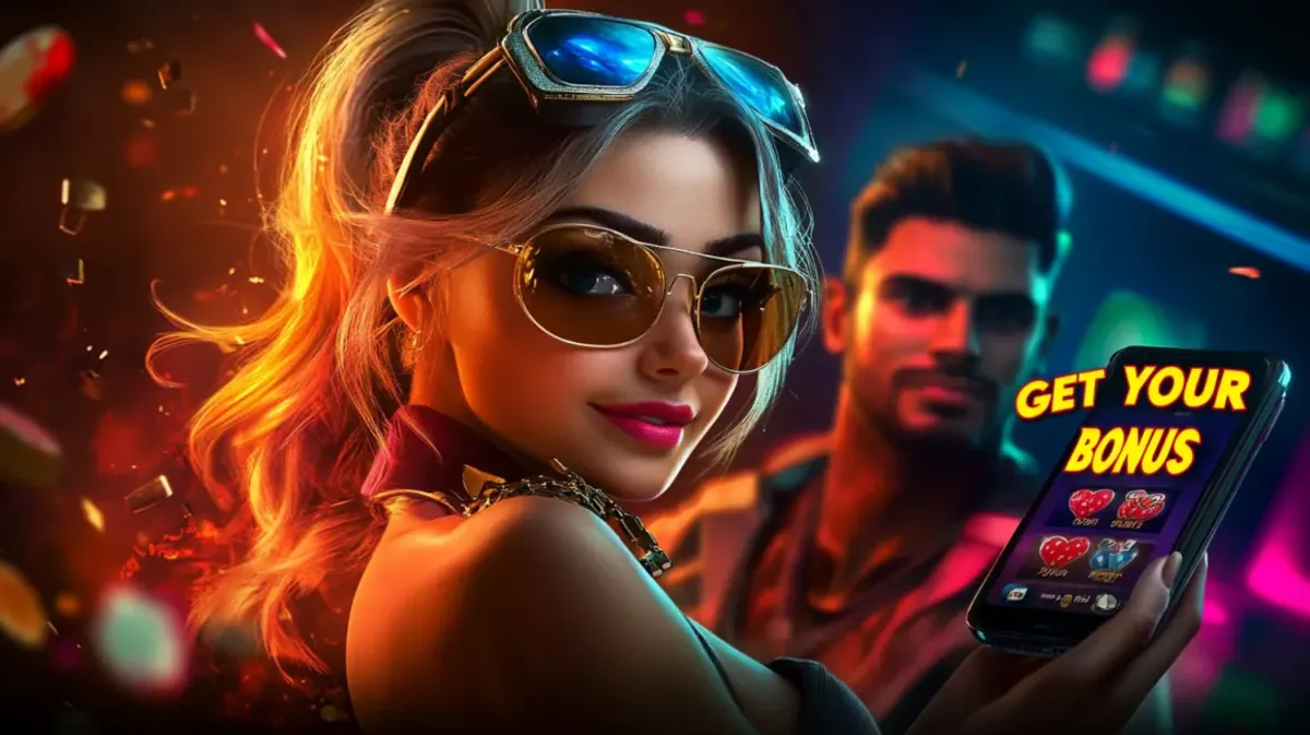 An anthropomorphic fish wearing an orange vest holds a smartphone showing the Big Bass game, set in an underwater fishing environment.