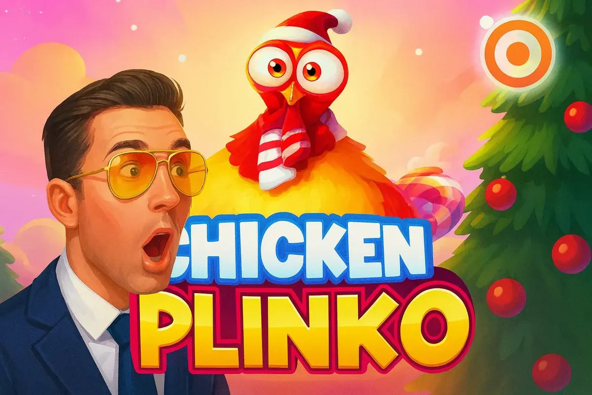 Shocked man in glasses next to a festive Chicken Plinko character wearing a Santa hat near a decorated Christmas tree