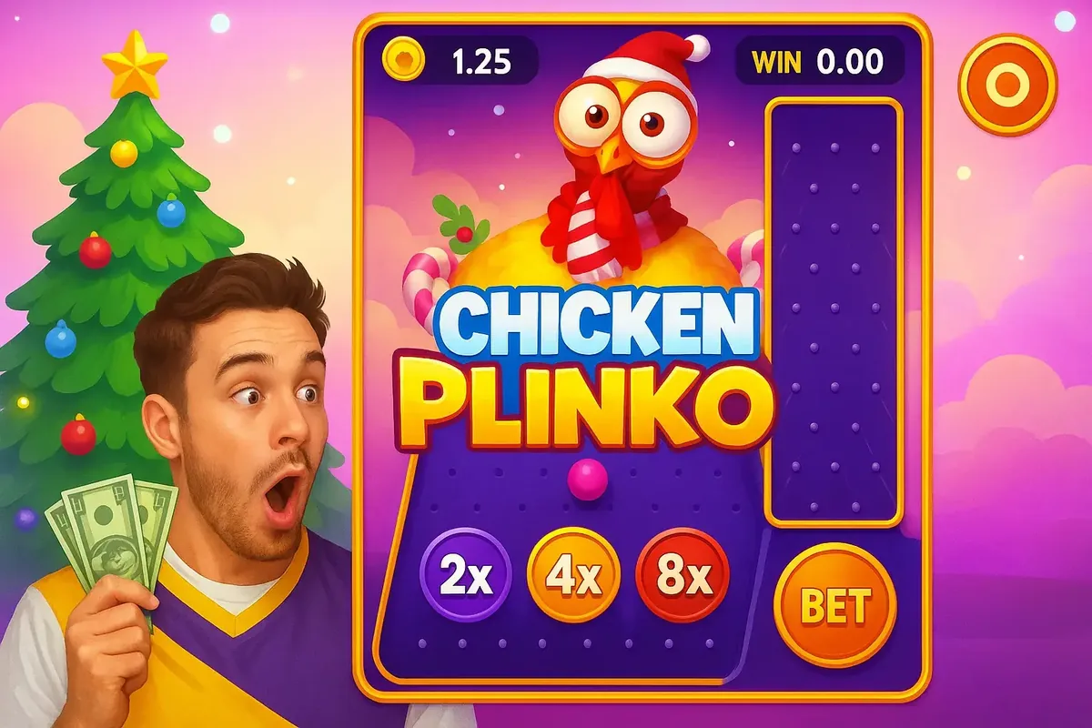 Surprised man holding cash next to Chicken Plinko game interface with multipliers, bet button and festive background