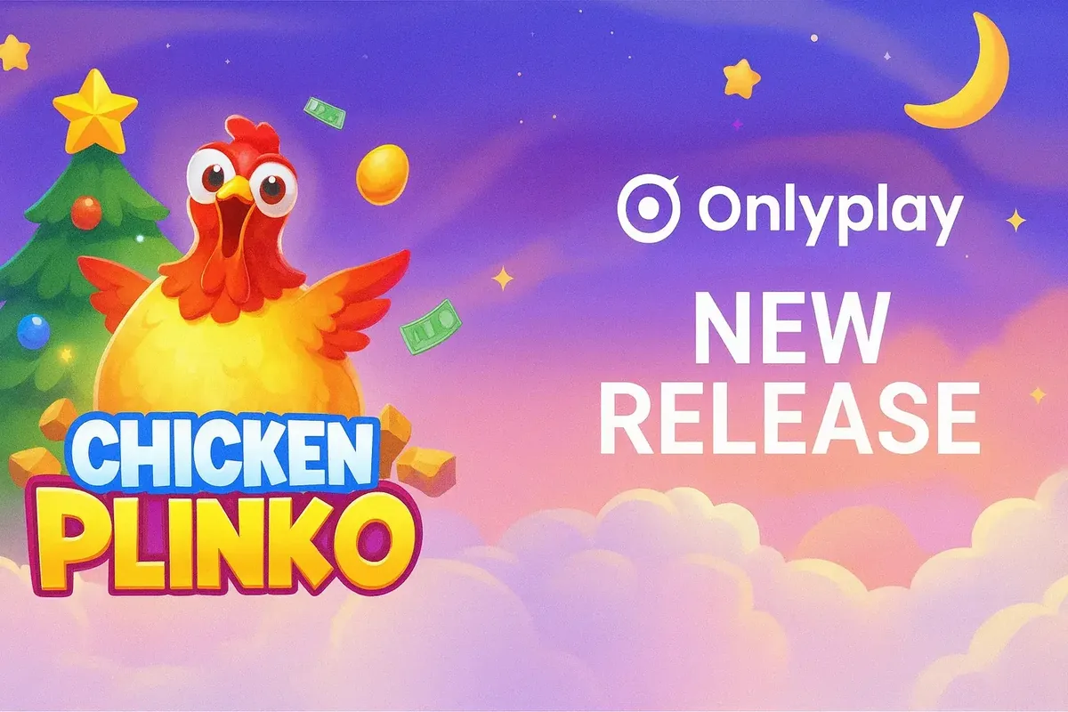 Colorful Chicken Plinko illustration with flying coins and money announcing a new release by Onlyplay