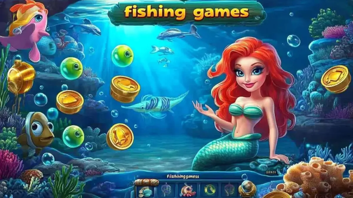 An animated mermaid with red hair in a vibrant underwater scene with fish and corals, with the words fishing games displayed above her.