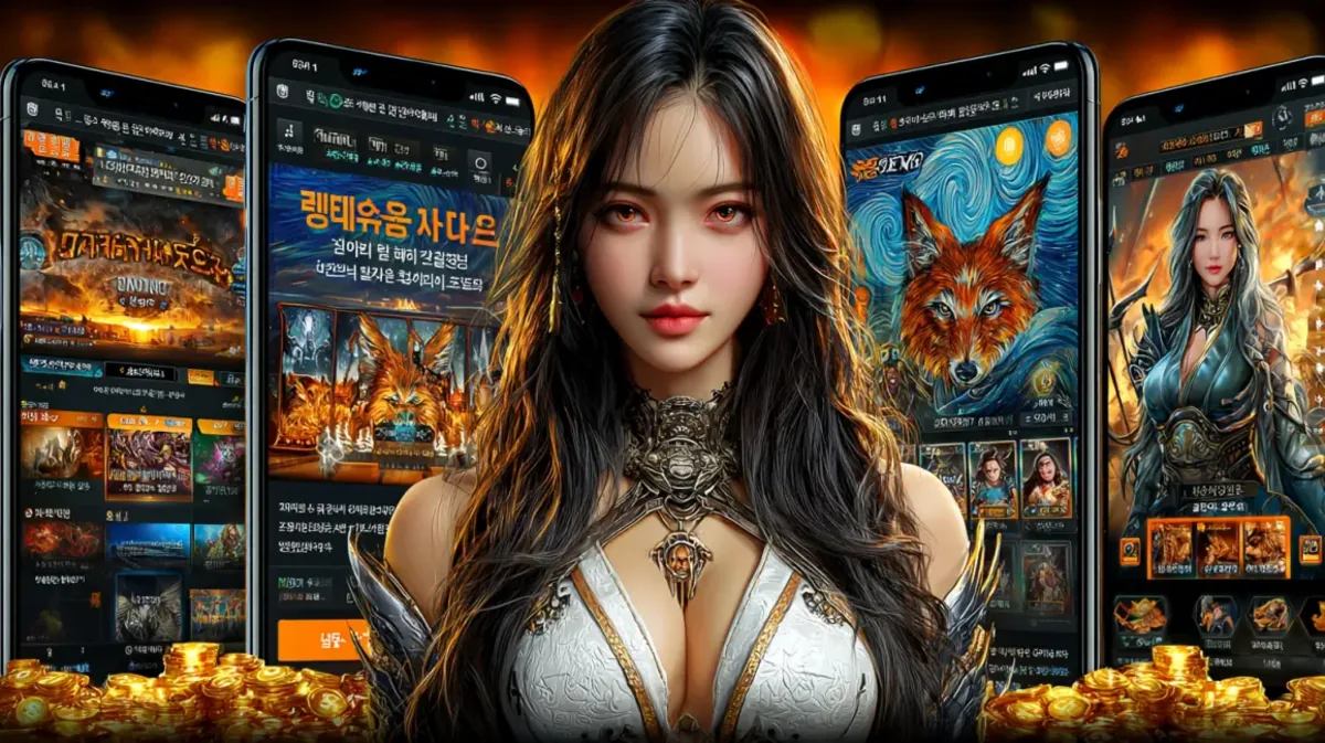 A woman with long dark hair looking directly at the viewer, with five smartphones in the background showcasing different screens of a fantasy mobile game.