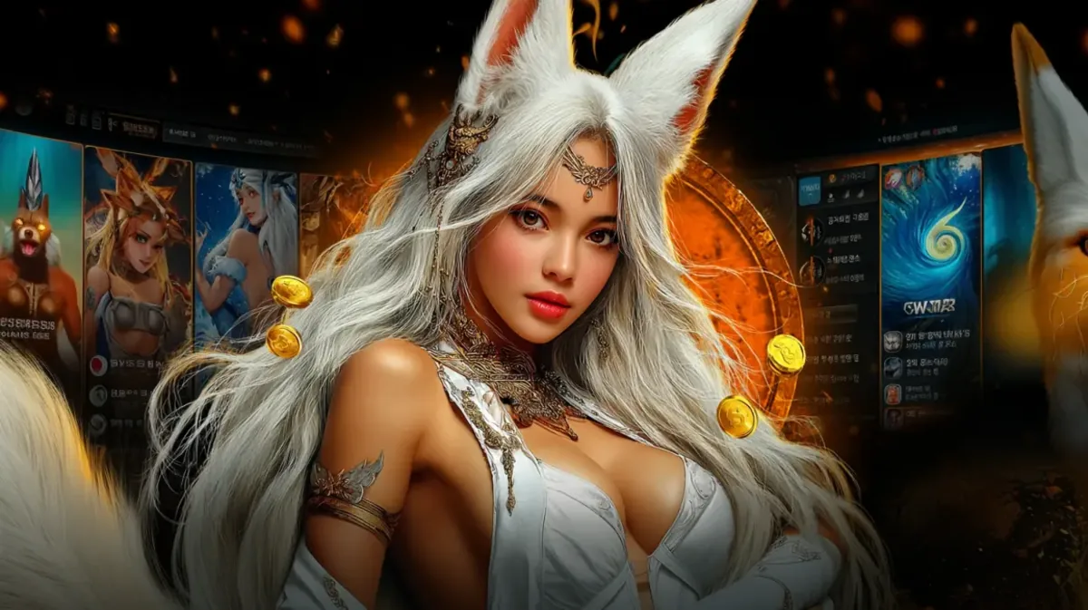 An attractive woman with long white hair and fox ears, wearing an elegant white outfit, in front of a fantasy online game interface with floating gold coins.