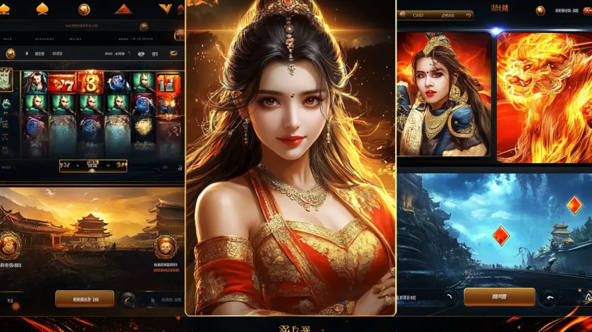 A live casino game interface with an Asian theme, featuring a beautiful woman in the center panel and various game options and scenes.