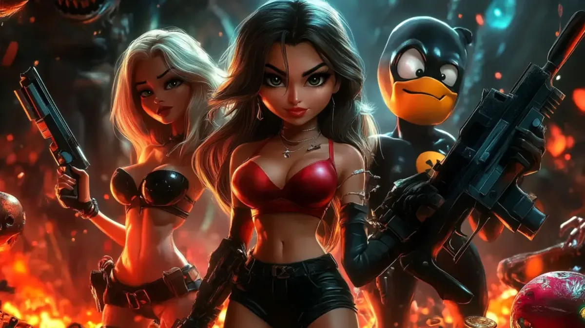 Three animated characters, two women and a duck, holding large guns in a fiery, action-packed battle scene.