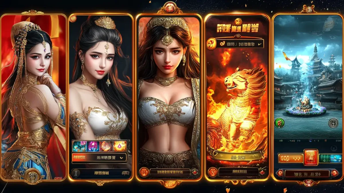 An elegant woman in a sparkling gold dress holding a mobile phone, surrounded by a shower of floating Bitcoin coins in a vibrant, red-themed casino setting.