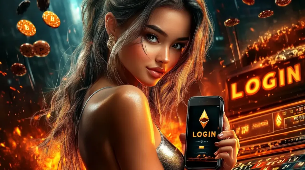 A woman looking over her shoulder and holding a smartphone with an Ethereum logo on the login screen, set against a fiery casino backdrop.