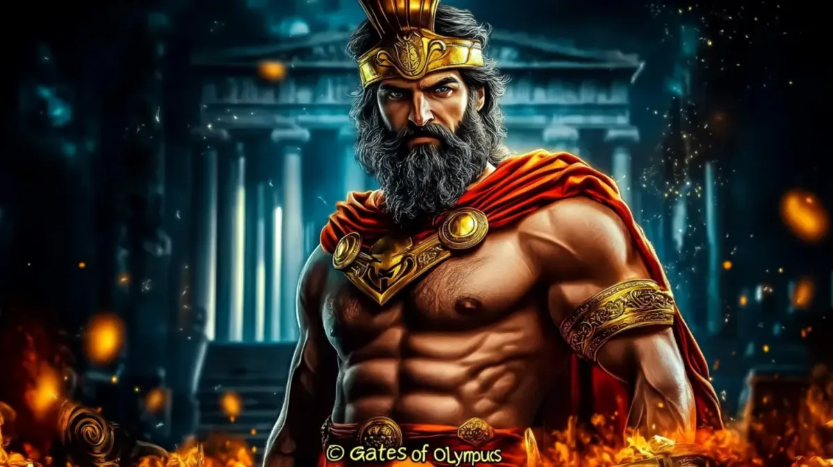 A powerful, bearded god resembling Zeus with a golden crown, standing in front of ancient Greek pillars with the title Gates of Olympus.